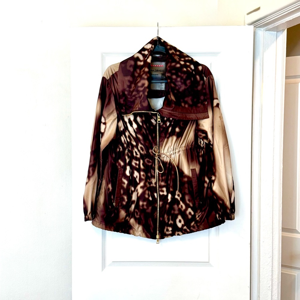 Prada Brown and Tan Leopard Print Jacket with Dramatic Collar